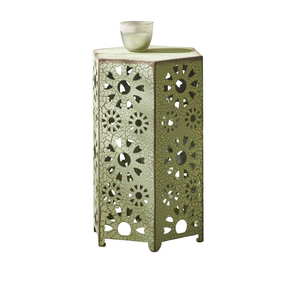 Benjara Liana Outdoor Side Table- Hexagonal 14 Inch- Sunburst Cut Out- Green