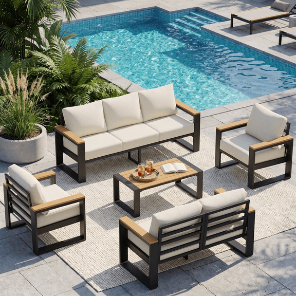 UDPATIO 8 Piece Patio Furniture Set, Outdoor Conversation Sets with Washable Thick Cushions, Coffee Table, Modern Patio Furniture Set, Beige