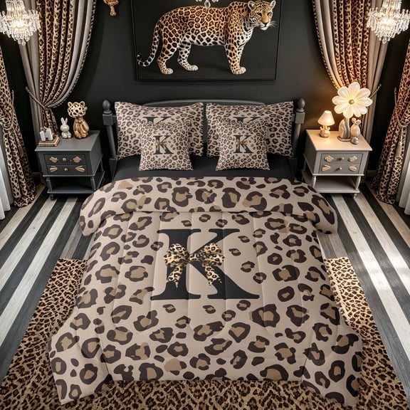 Feelyou Leopard Print Bow Letter K Initial Twin Bedding for Girls, Brown Animal Print Bedding Comforter Set, Black Reversible, 7pcs
