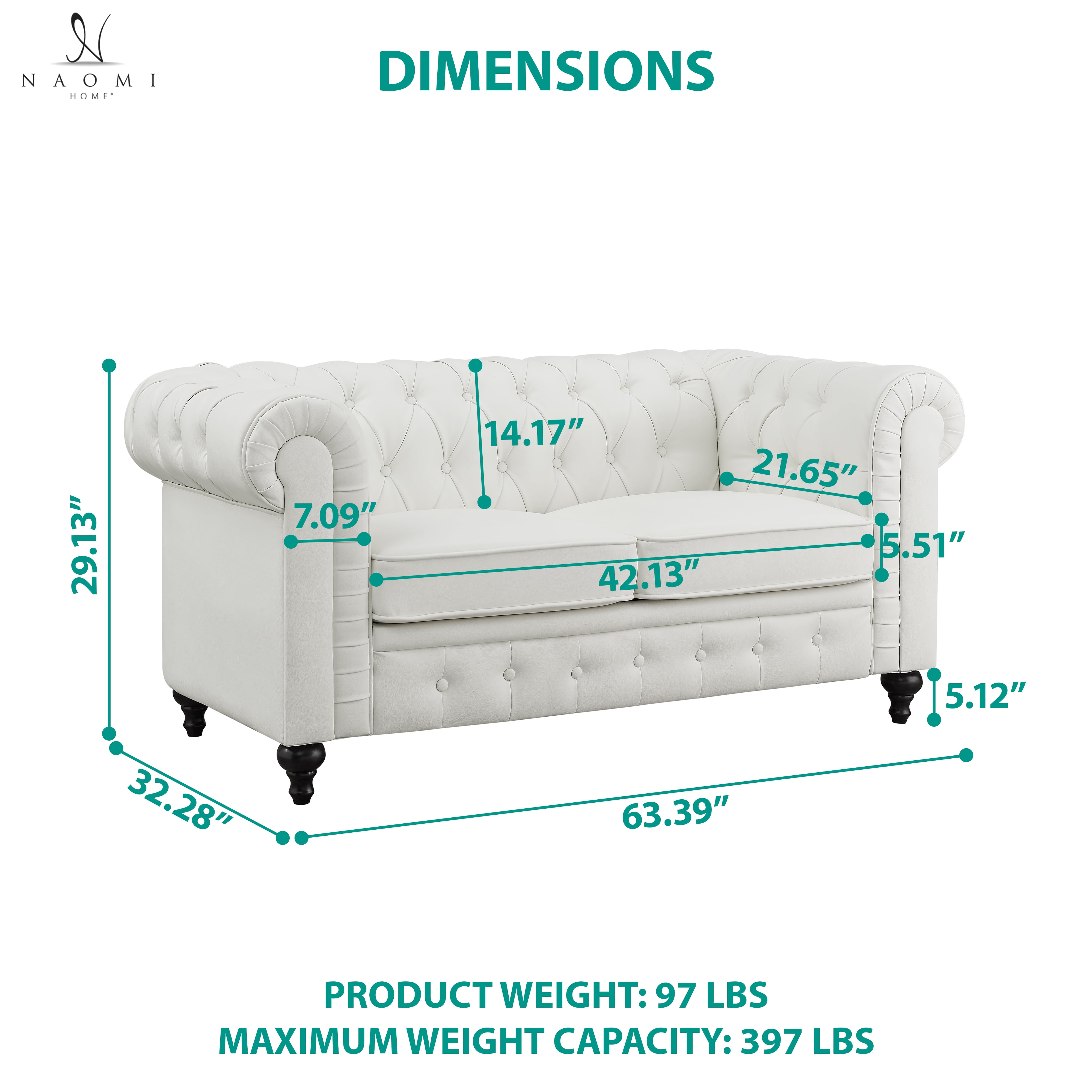 Naomi Home Modern Chesterfield Loveseat , Upholstered Cushion Loveseat  For Home - Color: White