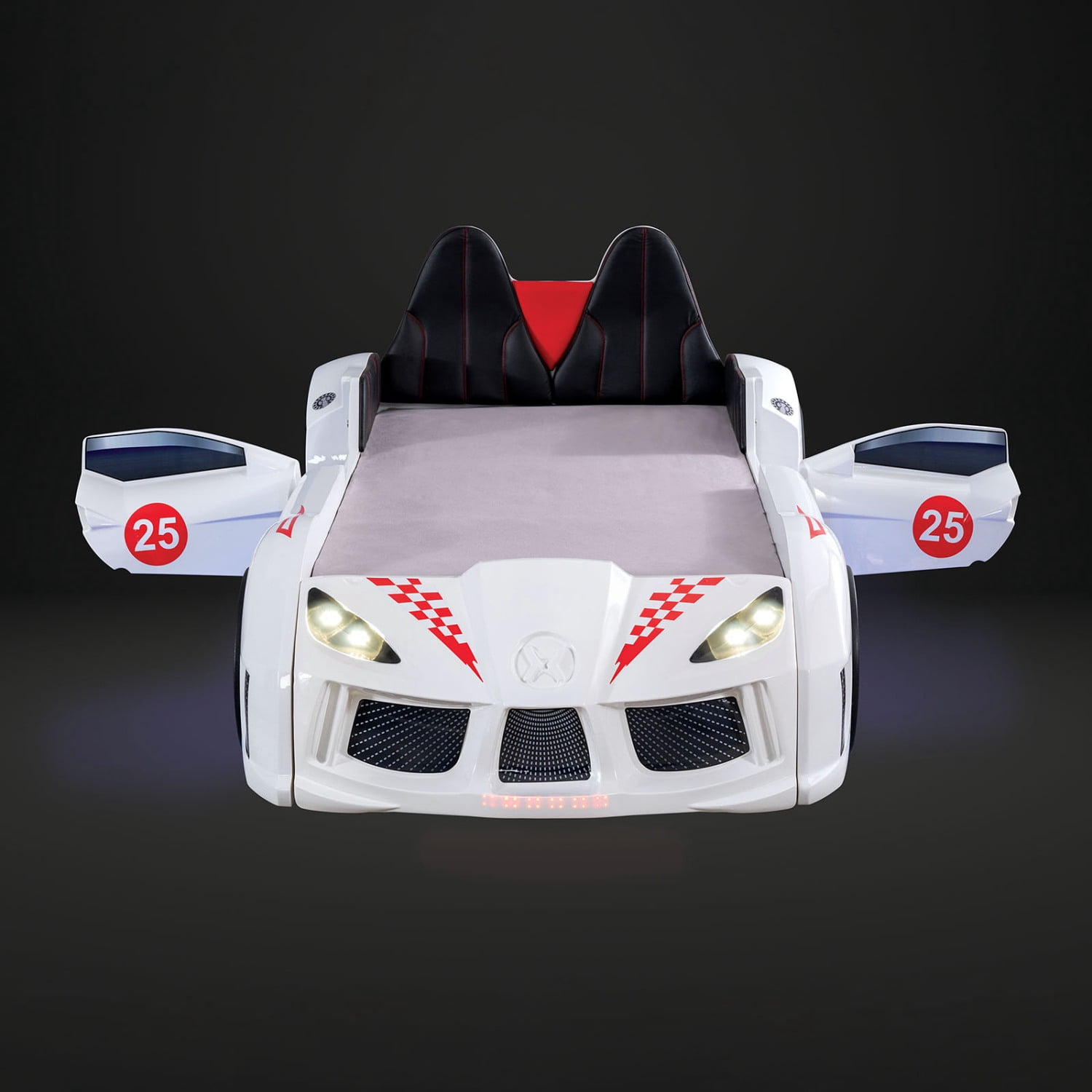 Miekor Furniture Modern Novelty Style Twin Size Race Car Design Bed Attached Two Magnetic Doors With LED Lights On Wheels And Bottom Upholstery Headboard And Sides White Finish MK1167
