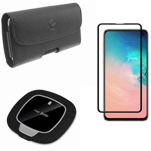 Galaxy S10e Case Belt Clip w Screen Protector w Wireless Charger - Leather Holster Cover, Tempered Glass 5D Curved Edge, Fast 7.5W and 10W Charging Pad for Samsung Galaxy S10e Phone