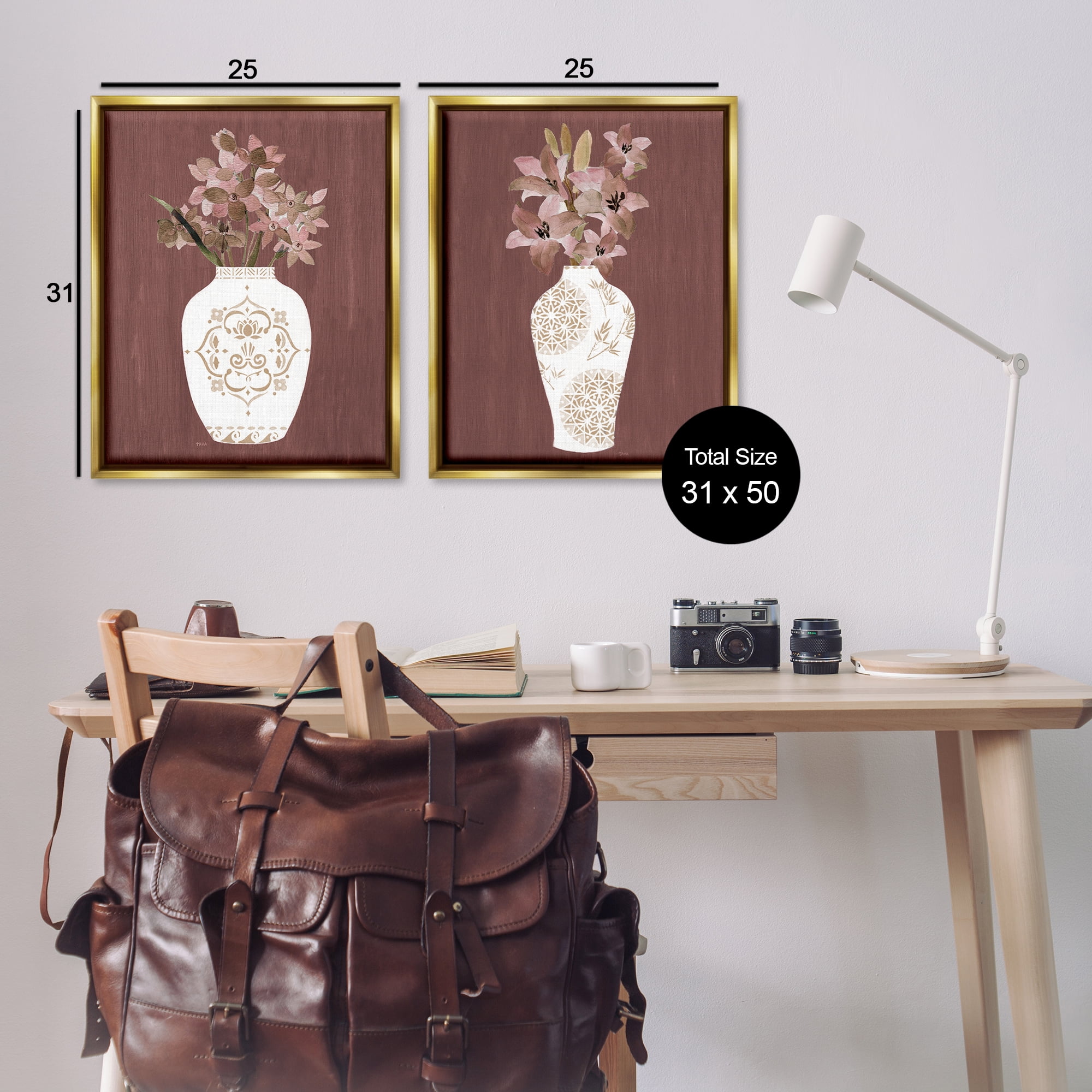 Stupell Industries Rustic Boho Bouquets Plants & Flowers Painting Gold Floater Framed Canvas Art Print Wall Art, 31 x 25, Set of 2