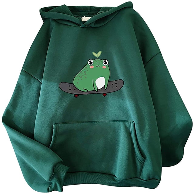 Sudaderas lindas para mujer Skateboarding Frog Sudadera con capucha de manga larga Tops Fokelyi WMZL-2135-23