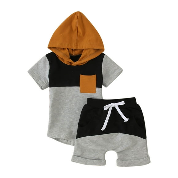 LUOGENLI Toddler Boys Girls Summer Cozy Colored Patchwork Crew Neck Hooded Short Sleeved Tops Shorts 2Pc Children's Clothing Suit Denim Maxi Boysuit with Slit Black 3-6 Months