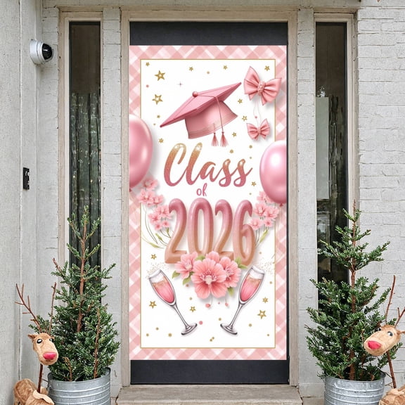 Pink Theme Graduation Banner Gold Glitter Class of 2026 Display Floral Decor Pink Balloons Grad Party Backdrop for Graduation Party Senior Ceremony Graduation Photoshoot