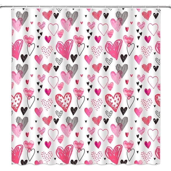 Valentines Day Shower Curtain Cute Hearts Romantic Love Modern Minimalist Watercolor Doodle Bathroom Decor Polyester Curtains with Hooks