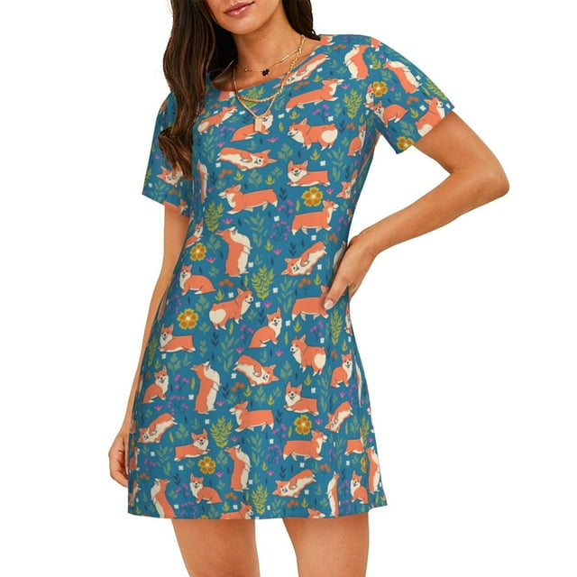 Vsdgher Corgi avec Motif de Fleurs Chemise de Nuit à Manches Courtes pour Femmes Col Rond Mignonne Robe de Nuit Confortable à Volants