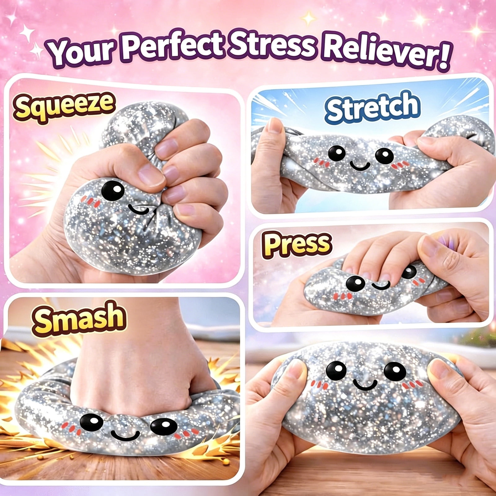 Glitter Dumpling Squishy Toys with Steamer Basket, Cute Soft Sensory Bao Bun Squeeze Ball, Kawaii Fidget Stress Relief Toys for Teens & Adults