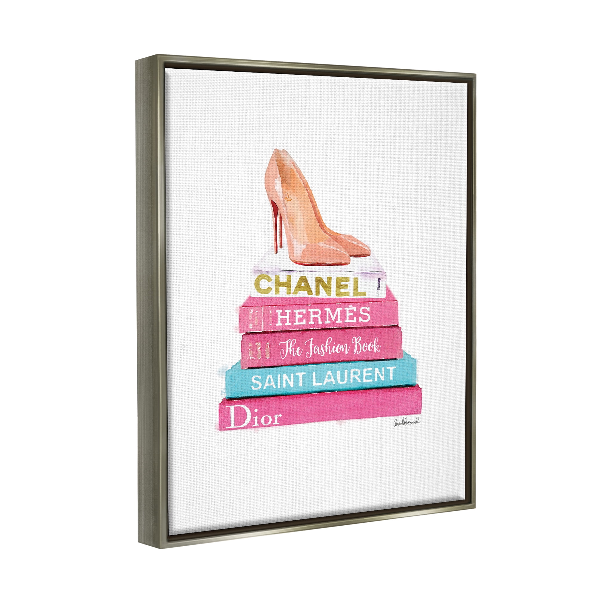 Stupell Industries Fashion Bookstack Heels Beauty & Fashion Painting Gray Floater Framed Canvas Art Print Wall Art, 17 x 21