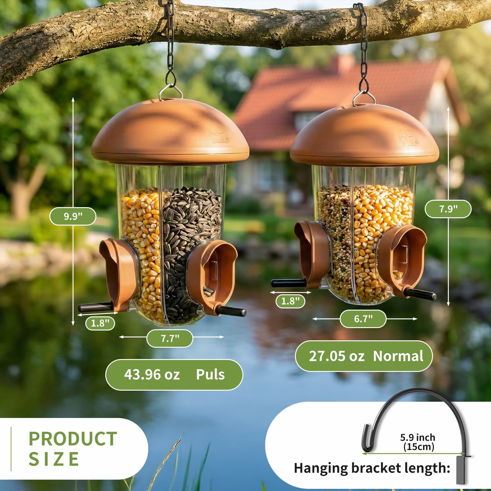LONA Outdoor Bird Feeder, 3-Compartment & 3-Port Weather-Resistant Tube Feeder with Multiple Hanging Methods, Brown