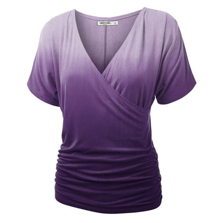 - MBJ WT1137 Womens V Neck Short Sleeve Wrap Front Ombre Dolman Top XL PURPLE