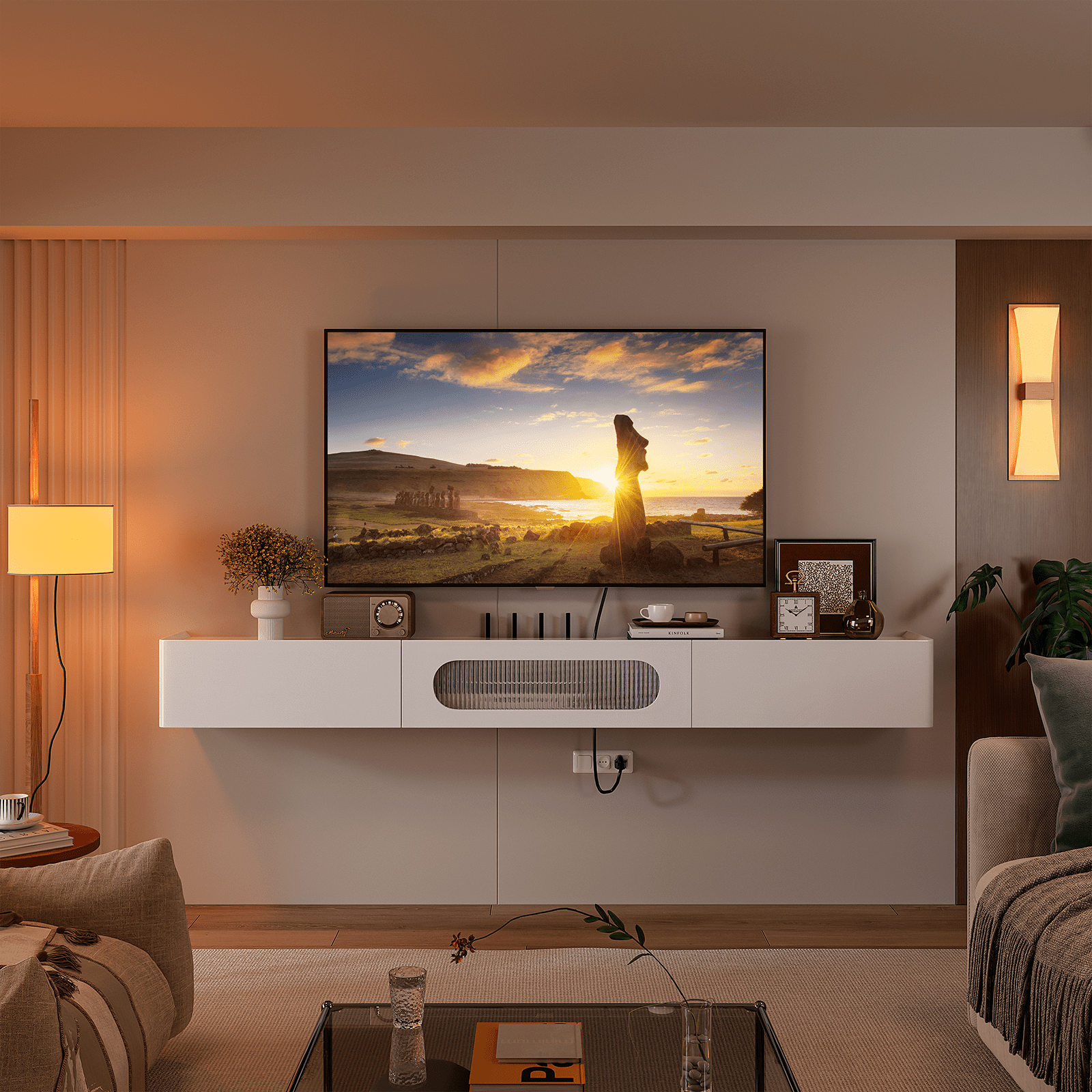 FloatiCasa 70 inch Fully Assembled High Gloss Floating TV Stand Wall-Mounted Entertainment Center for TVs up to 75"