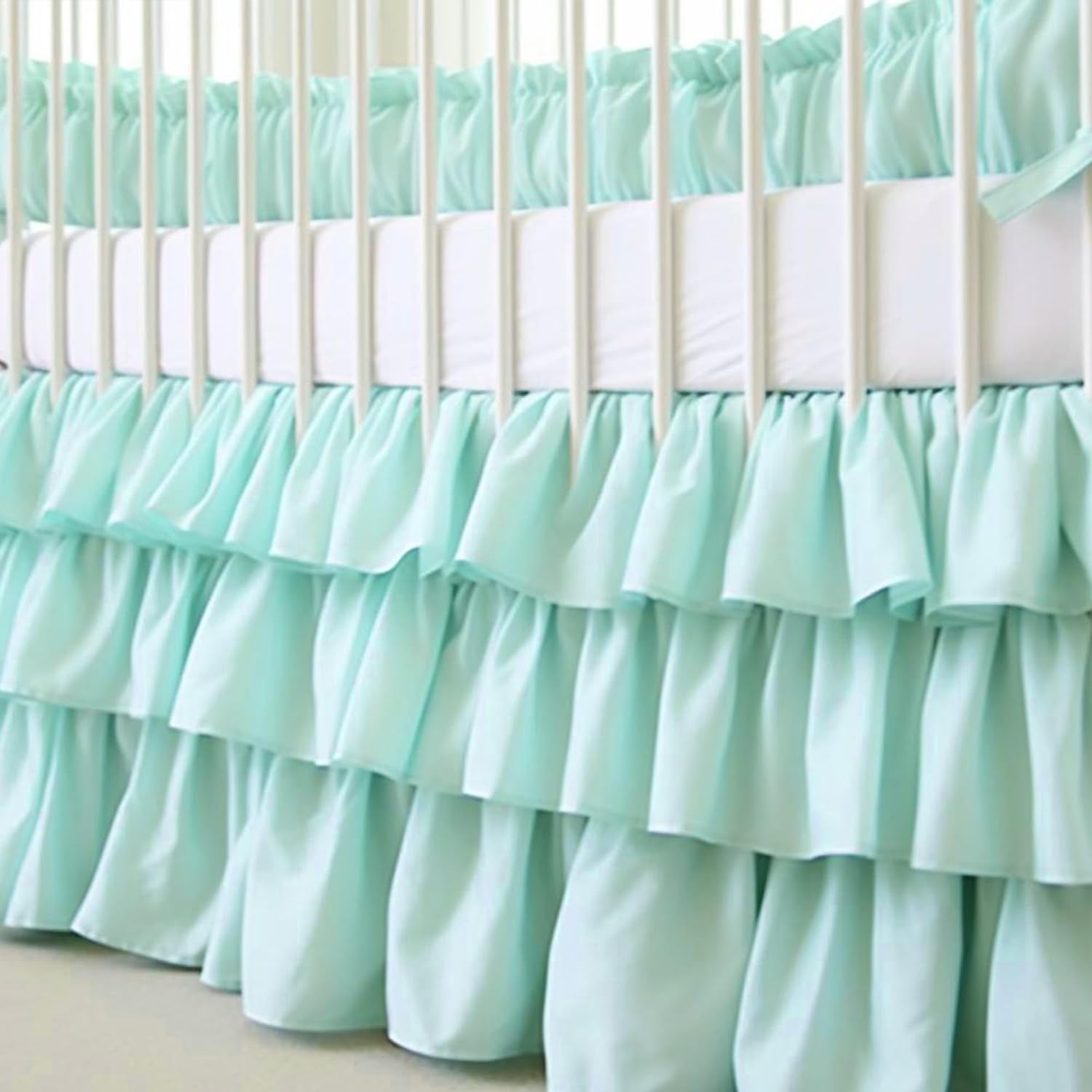 CATPAN Mini Crib Bed Skirt : 18" Drop Ruffles Crib Skirt Girl,3-Layer Crib Skirt for Nursery Decor,Mini Crib Skirt Easy to Change and Clean,Soft and Comfortable,28" W,52" L(Green)