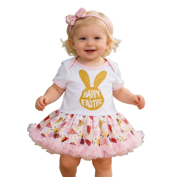 Tiijoy Infant Girls Easter Outfits Cute Short Sleeve Romper Dress Headband Set, Sizes 0-24 Months