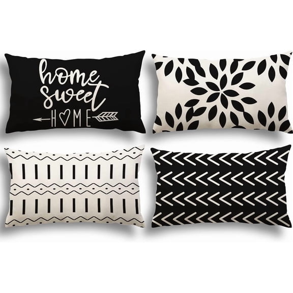 Lumbar Pillow Covers 12x20 Set of 4, Modern Sofa Throw Pillow Cover, Decorative Outdoor Linen Fabric Pillow Case for Couch Bed Car, Black
