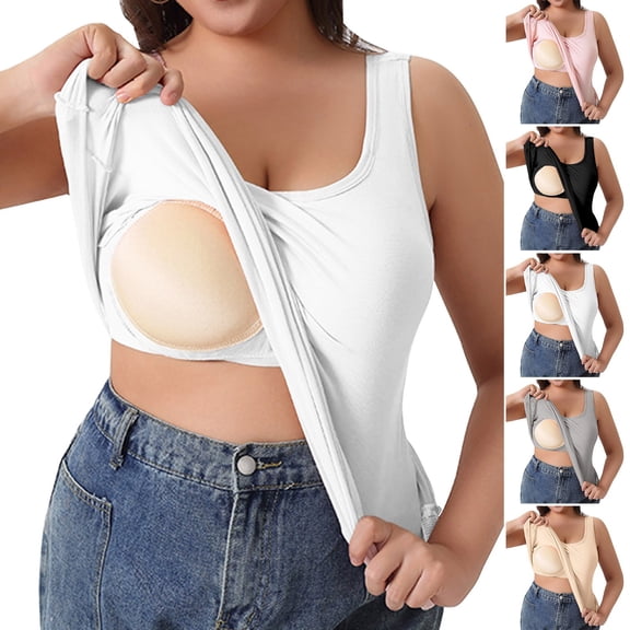 CHENjy Women Tank Tops with Built-In Bras, Plus Size Shelf Bra Tank Tops, Padded Yoga Workout Camisole Undershirt, XXL,Beige