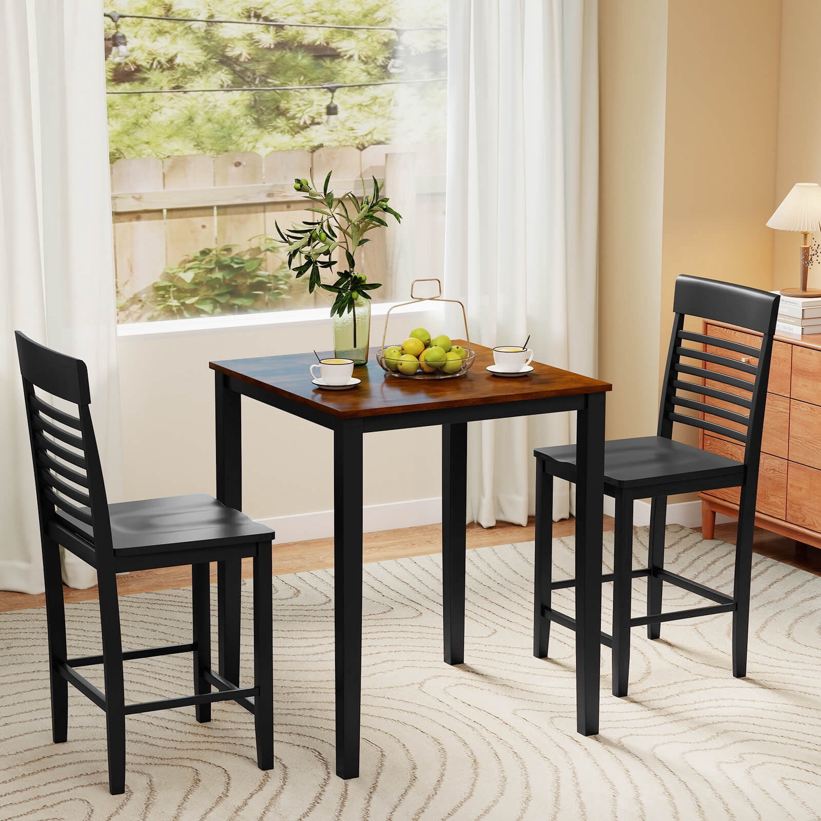 Costway Square Dining Table with Solid Wood Frame Wood Kitchen Table Pub Table for 4-Person Black+Reddish Brown
