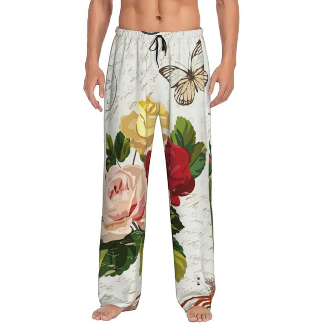 Fotbe Vintage Bike Flower Butterfly Pantalones de Pijama para Hombre, Pantalones de Dormir, Pantalones de Casa con Cintura Ajustable y Bolsillos-Small