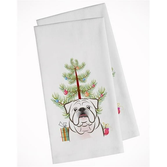 Christmas Tree & White English Bulldog White Kitchen Towel - Set of 2