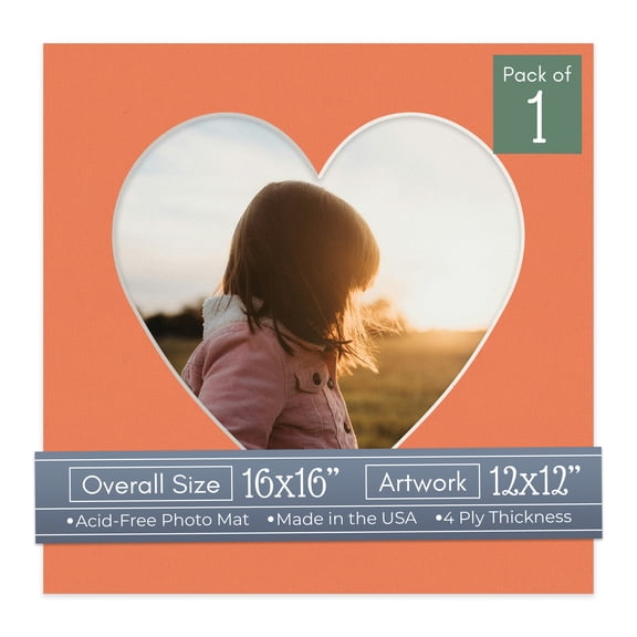 Carnelian Orange Picture Frame Mat for 16x16 Frames - Heart Opening for 12x12 Photos - 1 Mat