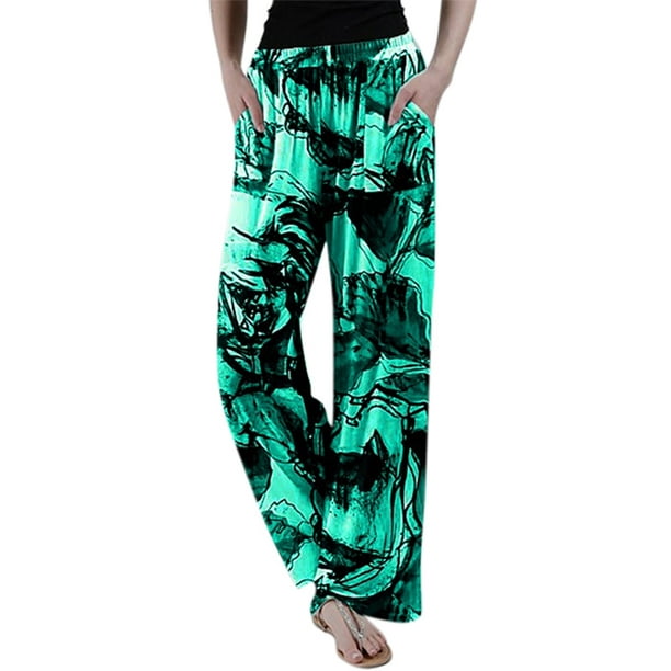 Lallc - Women's Tie Dye Floral Pants Pockets Palazzo Elastic Waist Plus ...