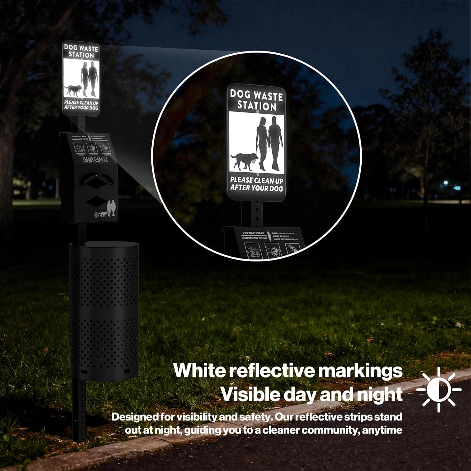 POCHAR Aluminum Rustproof Dog Waste Disposal Station for Pet Parks - 10 Gallon Outdoor Pet Poop Disposal Bin with Reflective Sign & Lid - Included 600 Pet Waste Bags (Black)