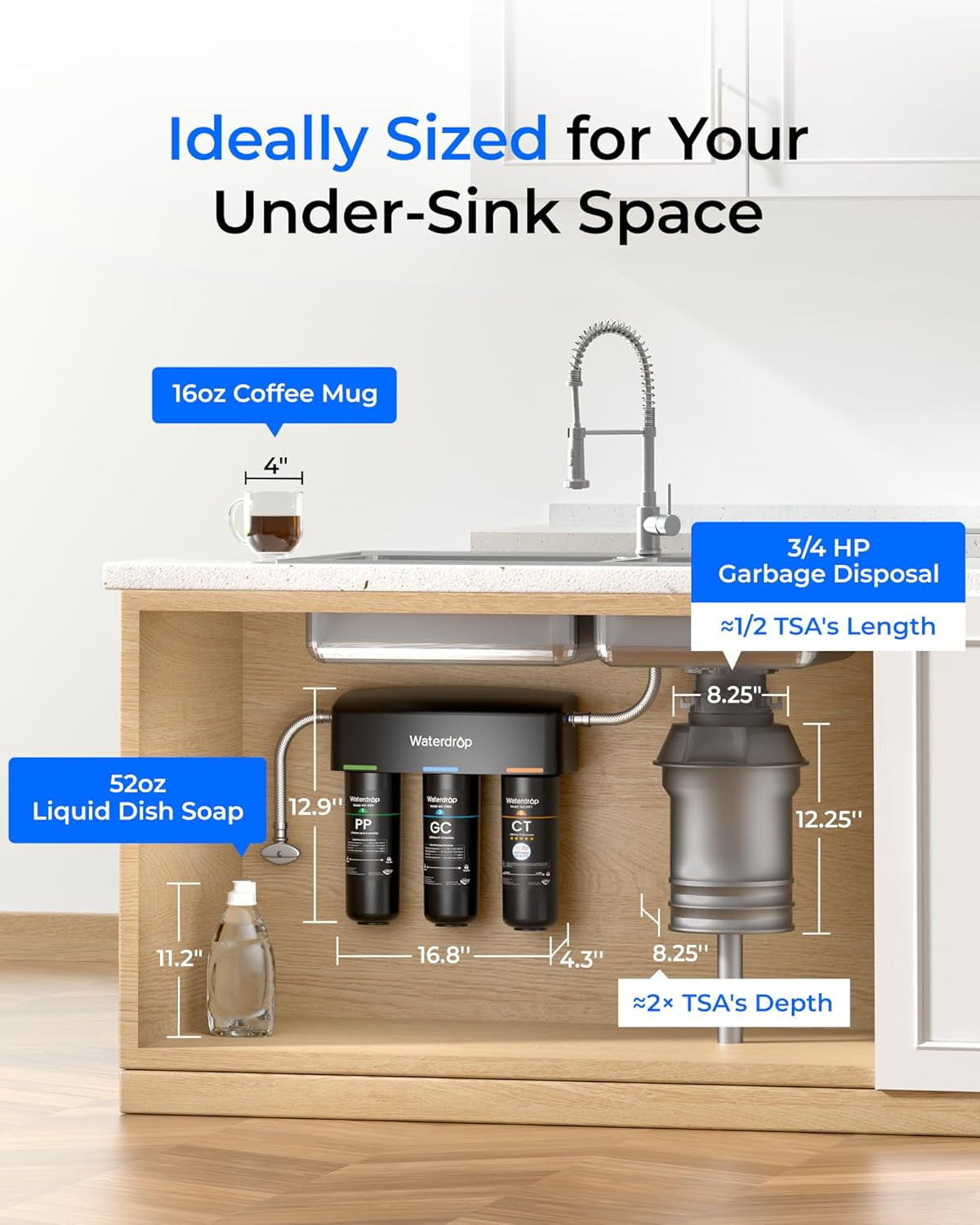 Restored Waterdrop TSA 8 Layer Under Sink Water Filter System, Under Sink Water Filtration System, Reduces PFAS, PFOA/PFOS, Fluoride, Chlorine, Bad Taste & Odor, USA Tech (Refurbished)