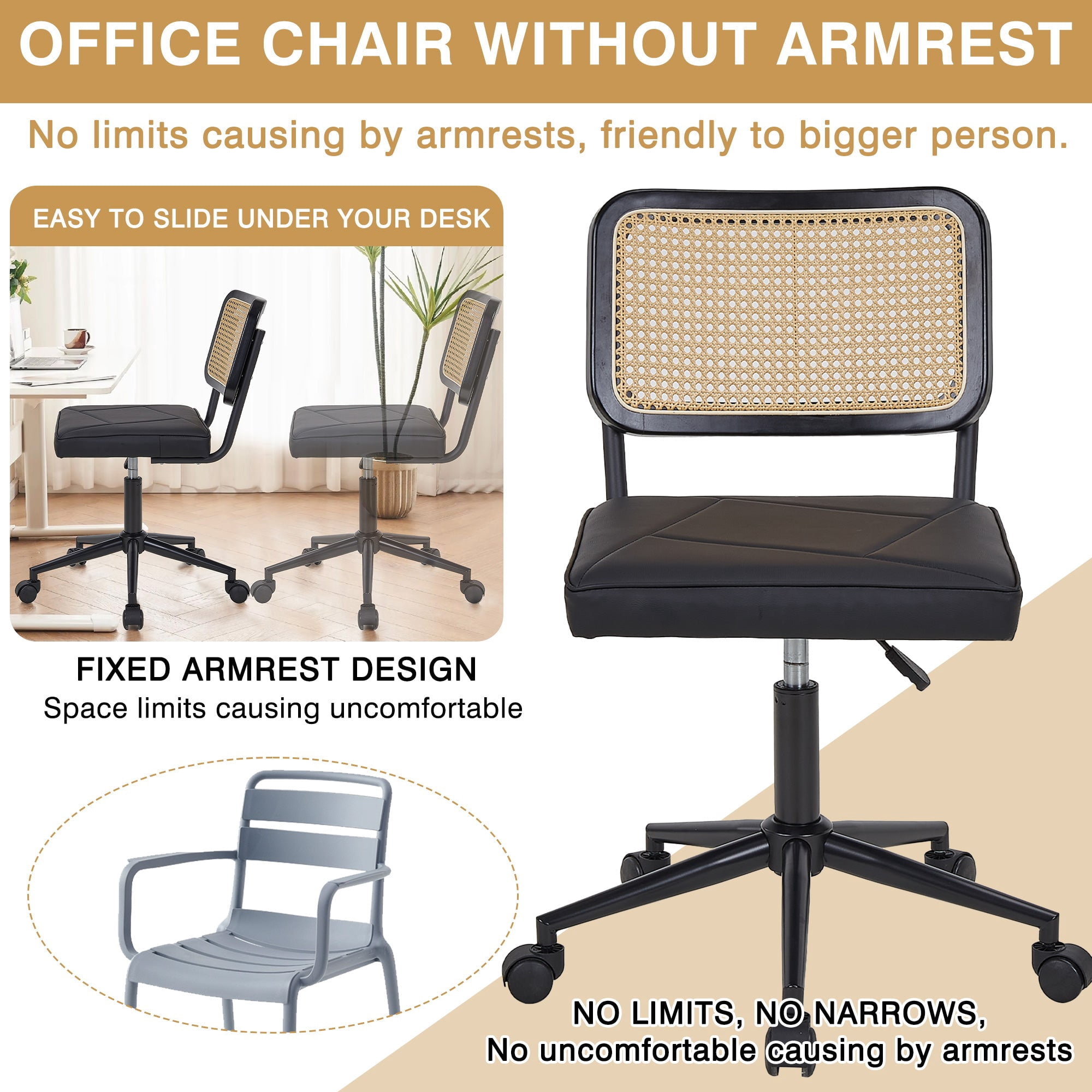 VECELO Mid Century Home Office Chair with Wheels, Modern PU Leather Desk Chair with Rattan Backrest, Adjustable Height Task Chair Swivel Computer Chair, Black