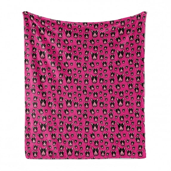 Dogs Soft Flannel Fleece Throw Blanket, Bull Terrier Dog Heads on Vibrant Pink Background Friendly Animals Pet Lover, Cozy Plush for Indoor and Outdoor Use, 70" x 90", Hot Pink Black, by Ambesonne