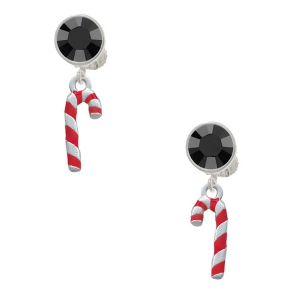 Delight Jewelry Silvertone 3-D Red Enamel Candy Cane Black Crystal Clip on Earrings