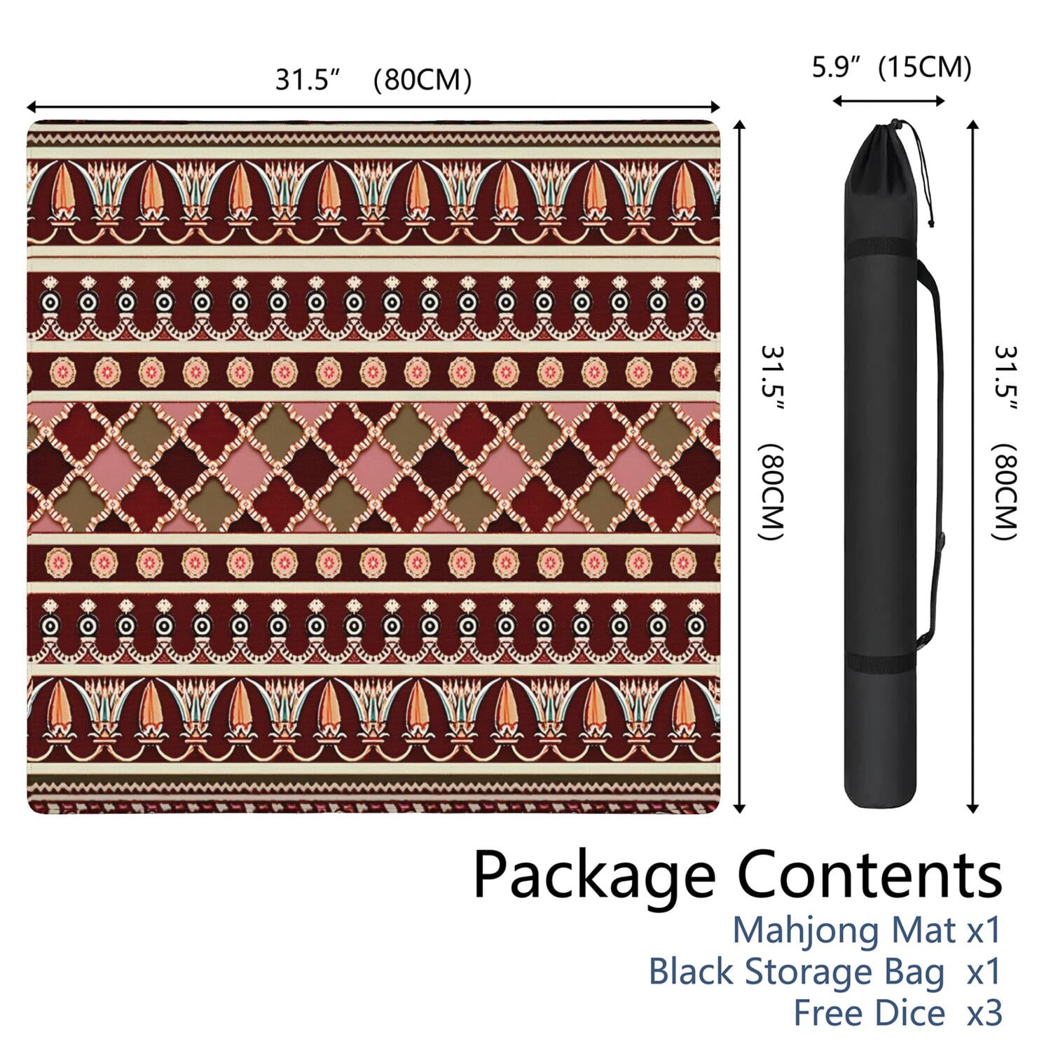 Extra Large Boho Pattern Anti-Slip Playing Surface 31.5 Inch Square Rubber Mahjong Mat with Noise Reduction for Chinese Tiles and Family Game Nights
