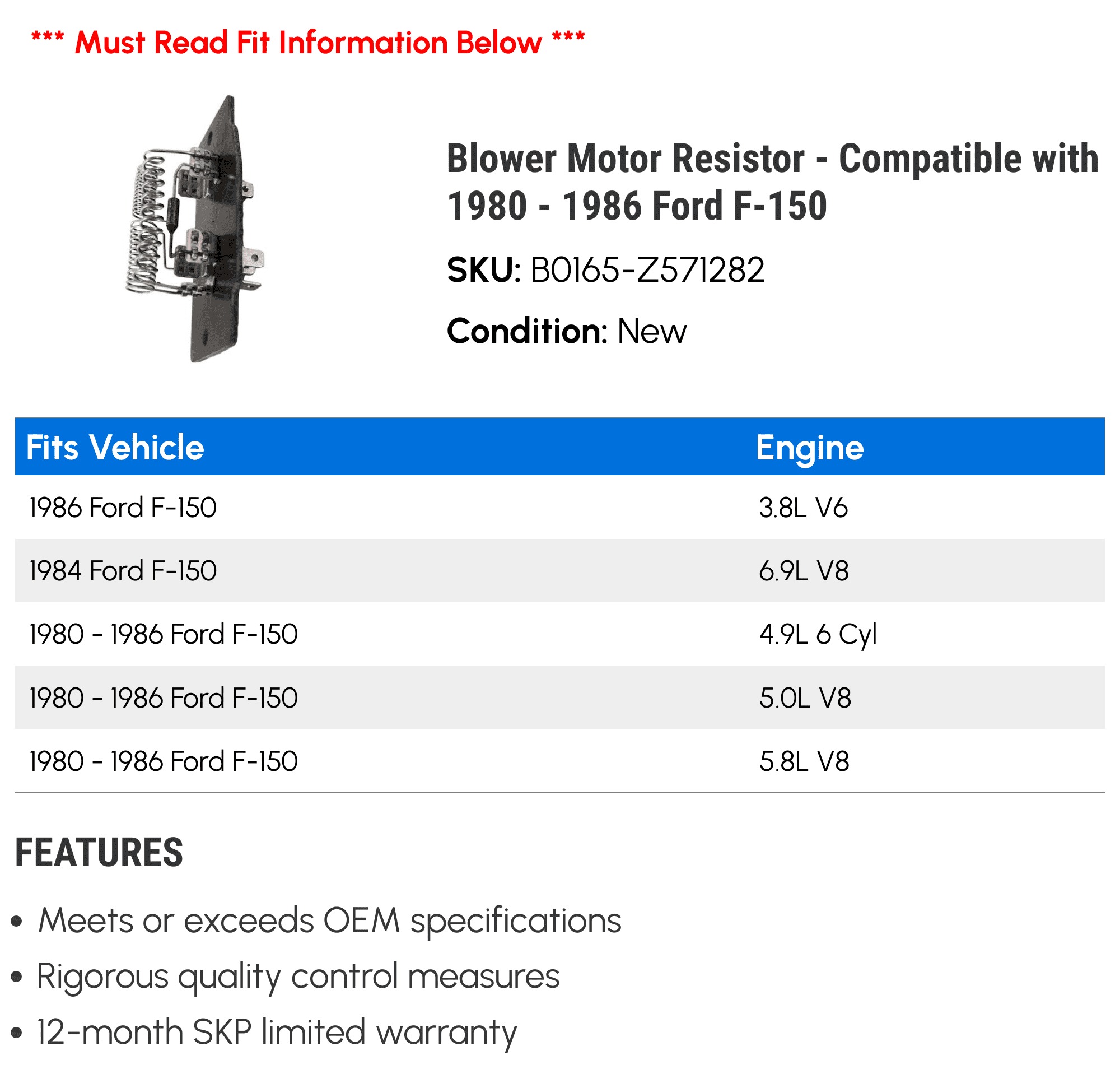 Blower Motor Resistor - Compatible with 1980 - 1986 Ford F-150 1981 1982 1983 1984 1985