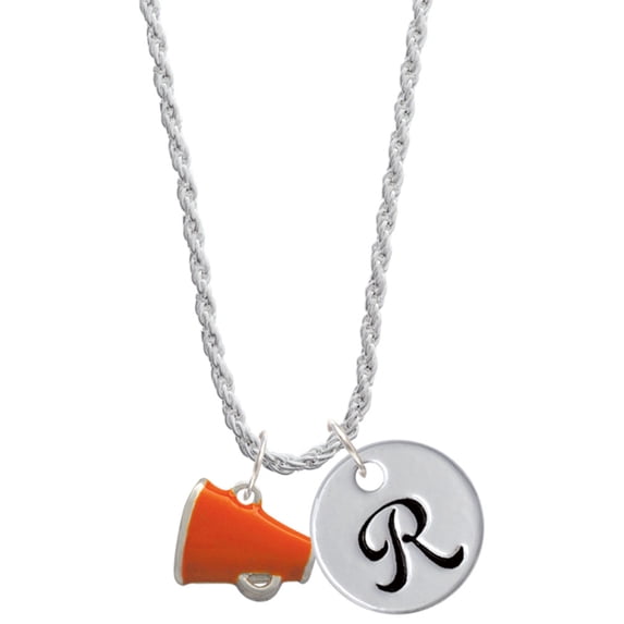 Delight Jewelry Silvertone Small Orange Megaphone Silvertone Script Initial Disc - R - Charm Necklace, 20"+3"