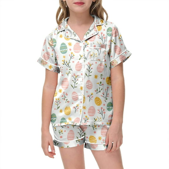 Girls Easter Pajamas Size 12 Bunny Short Sleeve Shirts and Shorts Nightwear Set Fashion Button Down Home Clothes 2 Piece Pjs for Girls Kids Gifts 10-11 Years