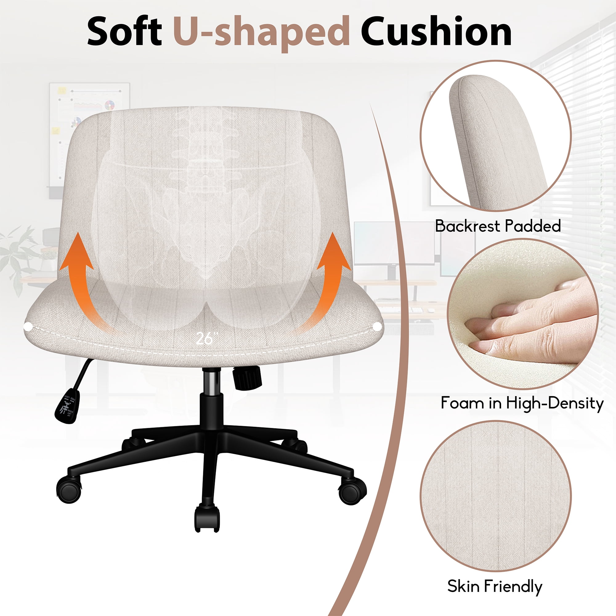 Walsunny Armless Criss Cross Home Office Chair, Fabric Vanity Desk Chair with Wheels, Wide Seat Swivel Task Computer Chair, White