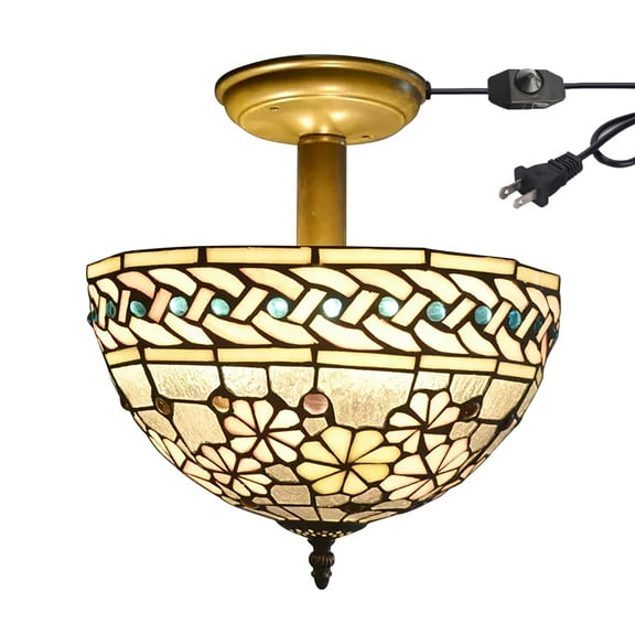 Kiven 11.8in Flush Mount Ceiling Light Fixture Dimmable, 2-Light Anti Glare Close to Ceiling Light with 15FT Plug-in Cord, Tiffany-Style Glass Chandelier for Bedroom Kitchen Hallway(No.3191)