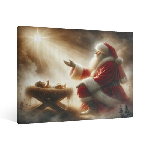 Vintage Christmas Santa Claus and Jesus Nativity Wall Art Paint Framed - Xmas Festive Winter Holiday Christmas Wall Decor Canvas Print for Living Room Kitchen Bathroom Home Bedroom Decor