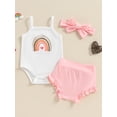 thumbnail image 2 of Suealasg Baby Girl 3Pcs Summer Outfits Sleeveless Rainbow Print Romper + Ruffle Shorts + Headband Set 3 6 12 18 Months Infant Newborn Girl Clothes, 2 of 7