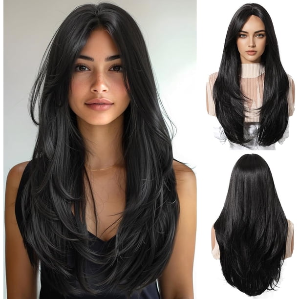 Yanonmyfd Black Wigs for Women Long Wig with Bangs Natural Straight Wigs Synthetic Hair Heat Resistant Wigs for Daily Party Cosplay Wear
