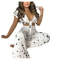 thumbnail image 3 of Mode Vacances Femmes Col en V Imprimé Manches Courtes Pantalon Long Ensemble 2 Pcs Fête, 3 of 8