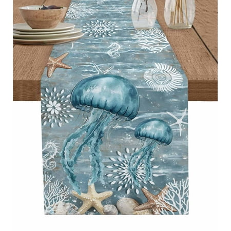 

Teal Coastal Jellyfish Table Runner Nautical Ocean Starfish Coral Tablerunners 18 x 72 Inch Table Decorations Tabletop Scarf for Summer Gathering Holiday Farmhouse Kitchen Dining Decor