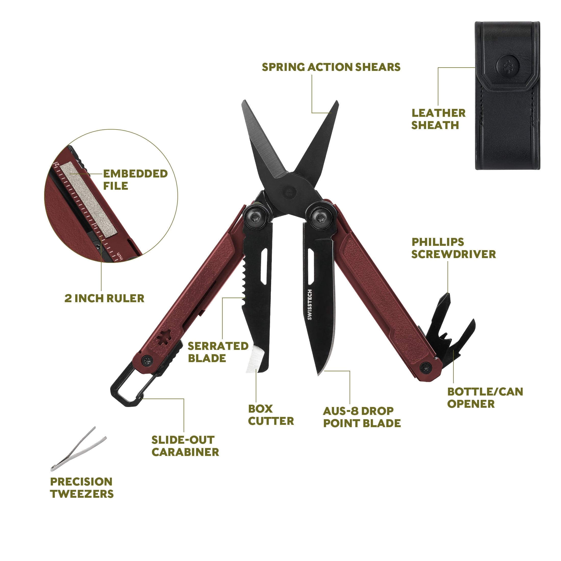Swiss Tech Uberall CT AUS-8 Steel 10-in-1 Multi Tool with Shears, Carabiner & Leather Sheath, Maroon