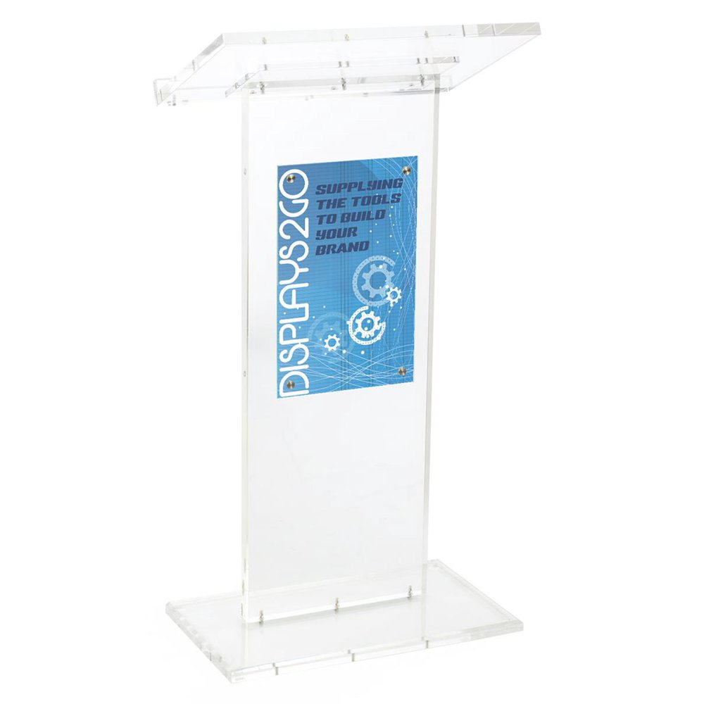 Displays2go Clear Acrylic Lectern with Signage, Floor Standing Clear