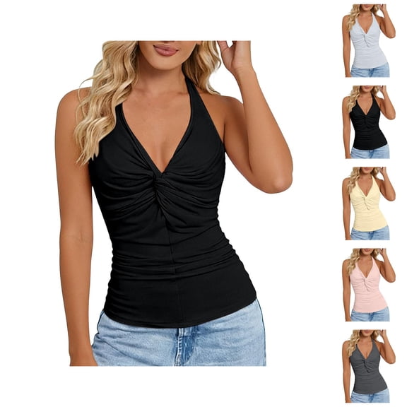 Halter Tank Tops for Women V Neck Front Twist Knot Slim Fit Backless Sleeveless Shirt Summer Outfits