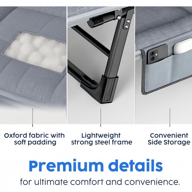 Heavy-Duty Folding Bed Frame with Adjustable Backrest, Portable Camping Cot, Indoor/Outdoor Daybed with Removable Pad