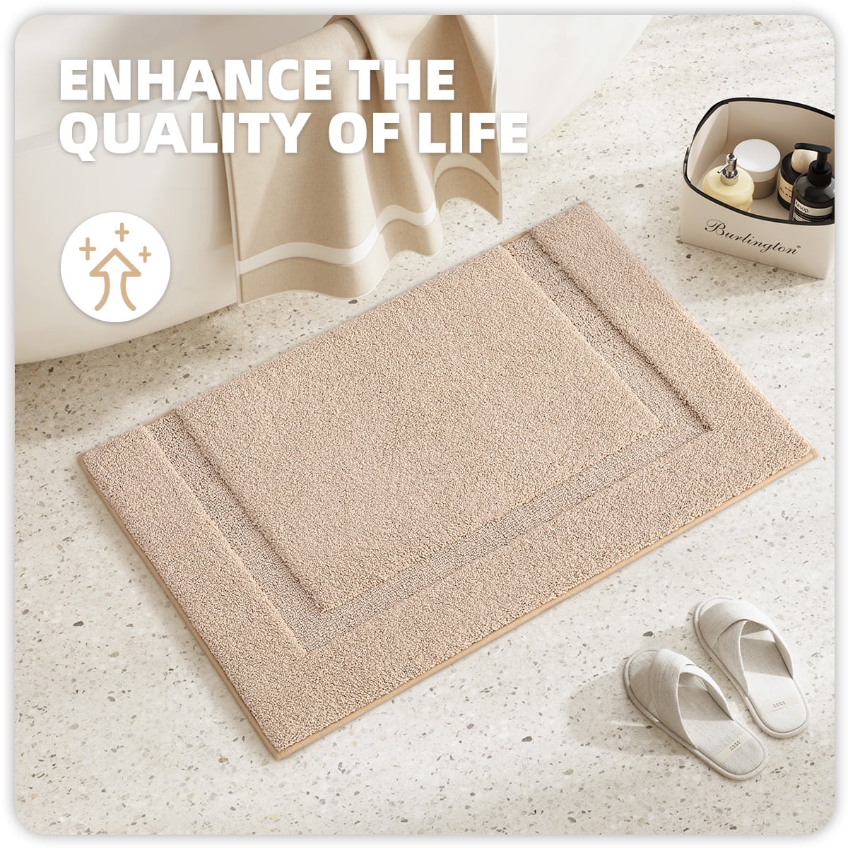 PABUBE Traditional Soft Khaki Microfiber Shag Bath Mat, 24"x36", Non-Slip and Absorbent Bathroom Rug for Bathroom Floor, Quick Dry, Machine Washable