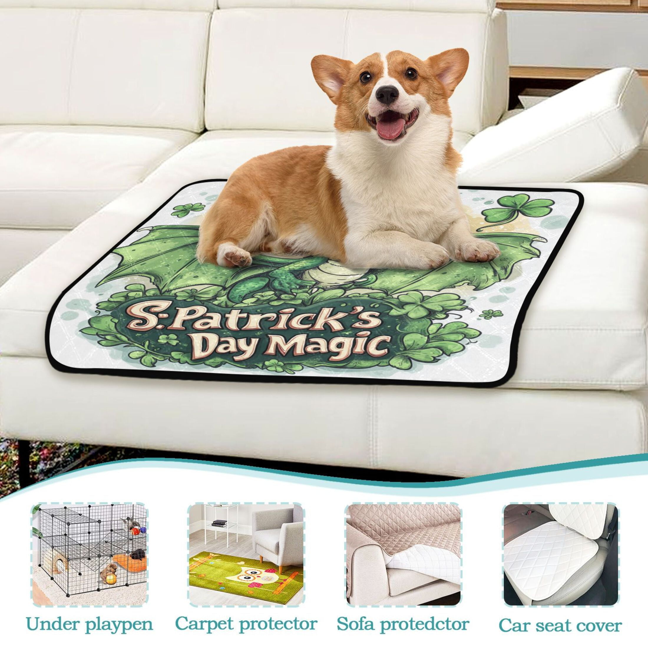 Qxltty Stpatricks Day Green Ceratopsian Cat litter Pads Pet Set of 2 Diaper Mats Center Anti-leakage Layer Absorbent Soft and Comfortable