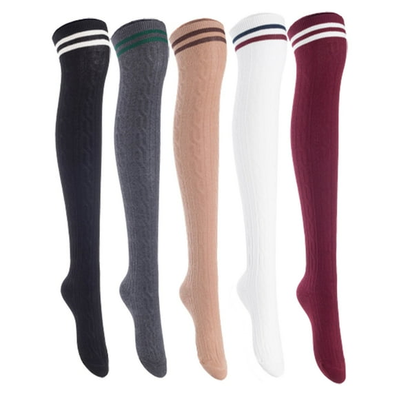 Lian Lifestyle Women's 5 Pairs Incredible Durable Super Soft Unique Over Knee High Thigh High Cotton Socks, Size US 6-9, JMYP1023 Black, Dark Gray, Khaki, White, Wine