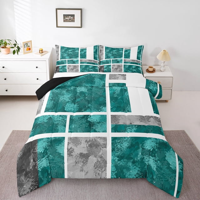 Erosebridal Abstract Sqare Bedding Twin Comforter Set,Gradient Rectangle Down Comforter,Geometric Plaid Bedding Sets Twin With Comforter,Ultra Soft Buffalo Bedroom Decoration,Reversible,2-Piece